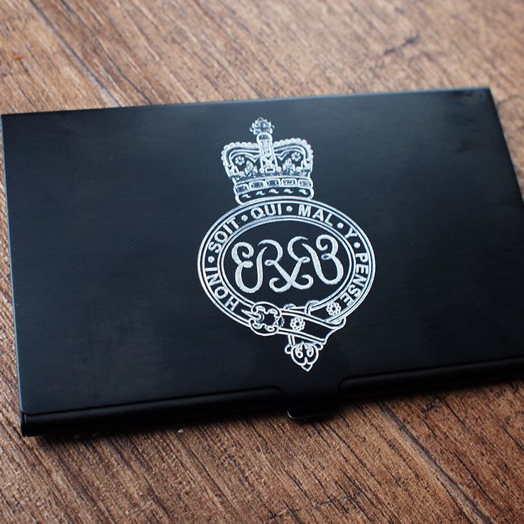 British army logo engraved on black card holder