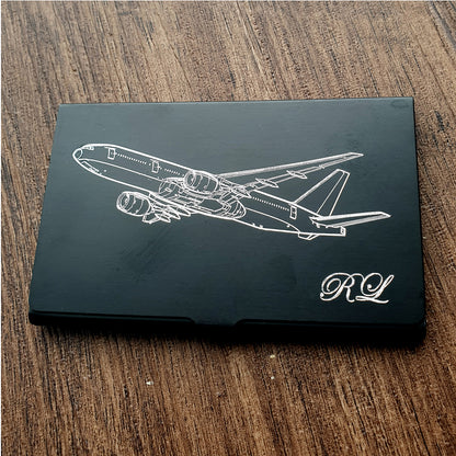 Boeing 777 design engraved on Black Card case with initials engraved in the dorner