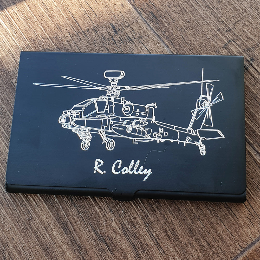 Apache artwork engraved on black card holder