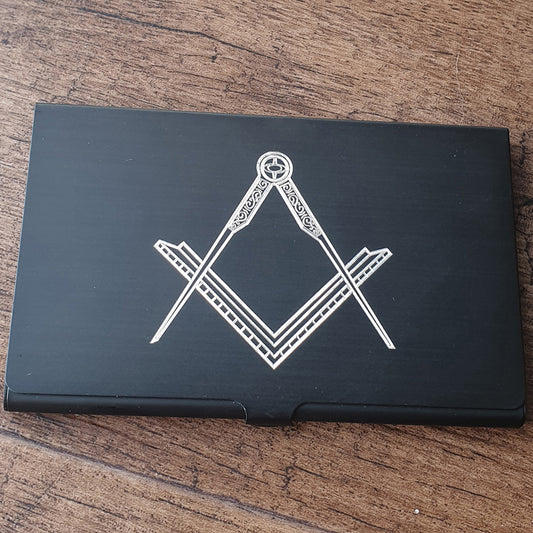 Our Masonic Setsquare and compass design engraved on Black Business card case