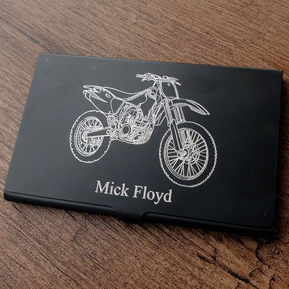 Our Motocross bike design engraved on black business card case with name engraved below