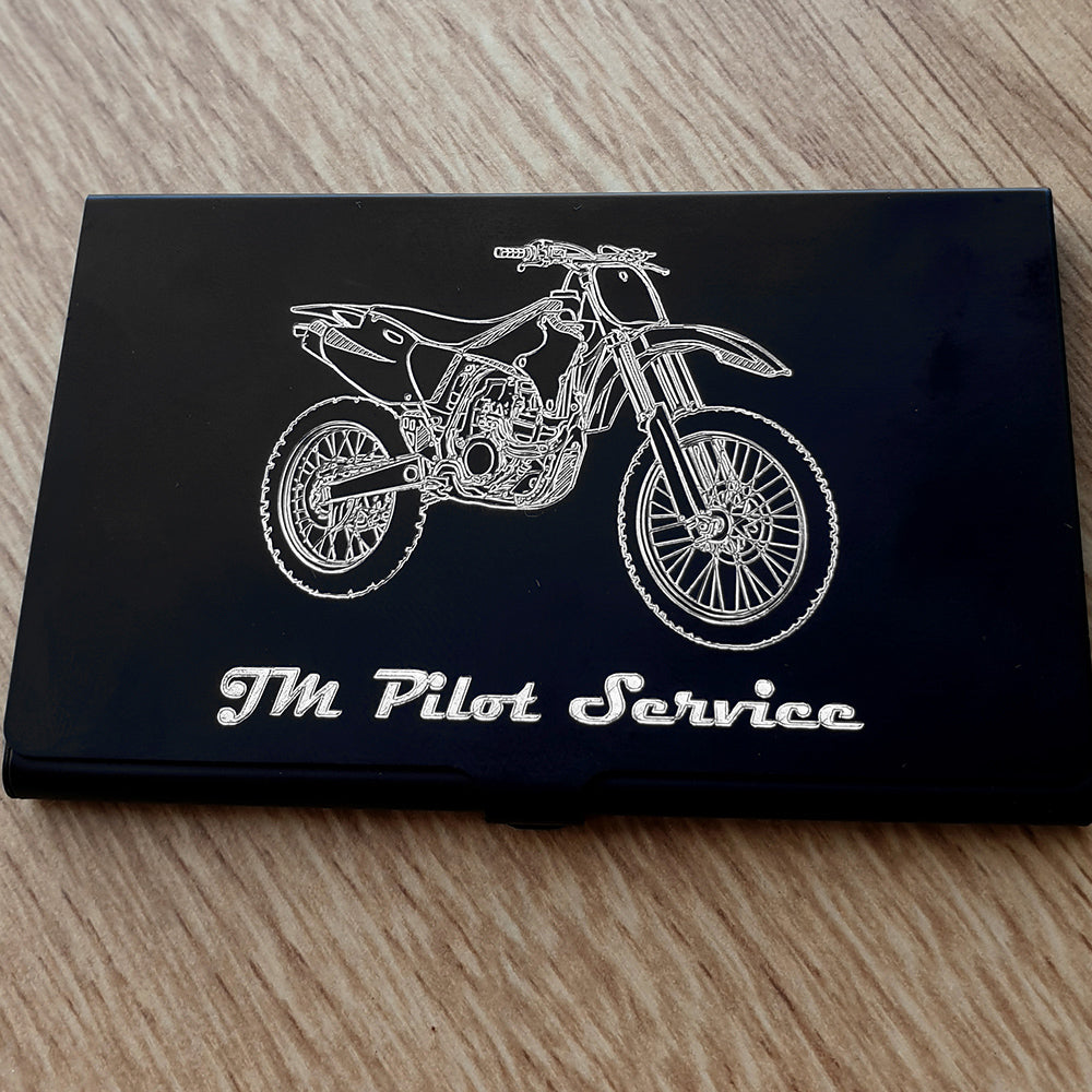Motocross Dirt Bike artwork engraved on Business card case with text below