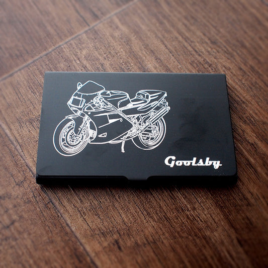 Duc 888 Motorcycle artwork engraved on Black business card case shown on a wood background