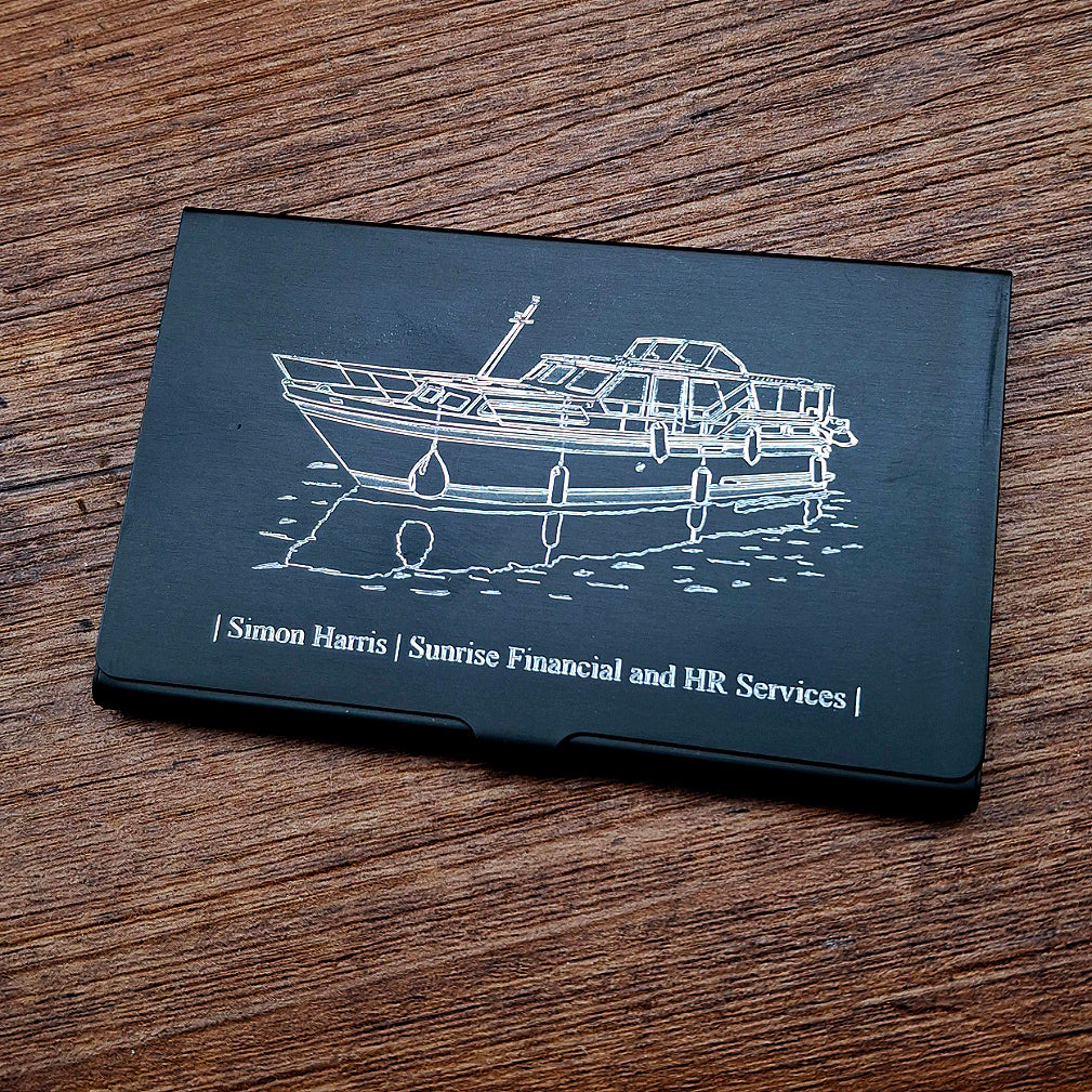 Stevens 1140 Canal river yacht engraved on Black Aluminium Card Case with additional text.