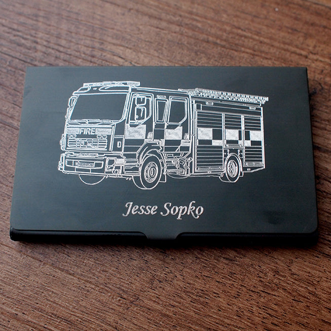 Fire Engine Truck engraved on Black Business Card Case