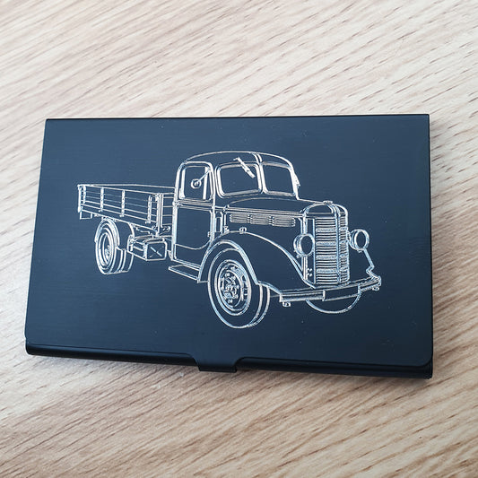 Vintage Bedford Flatbed Truck design engraved on Black business Card Holder
