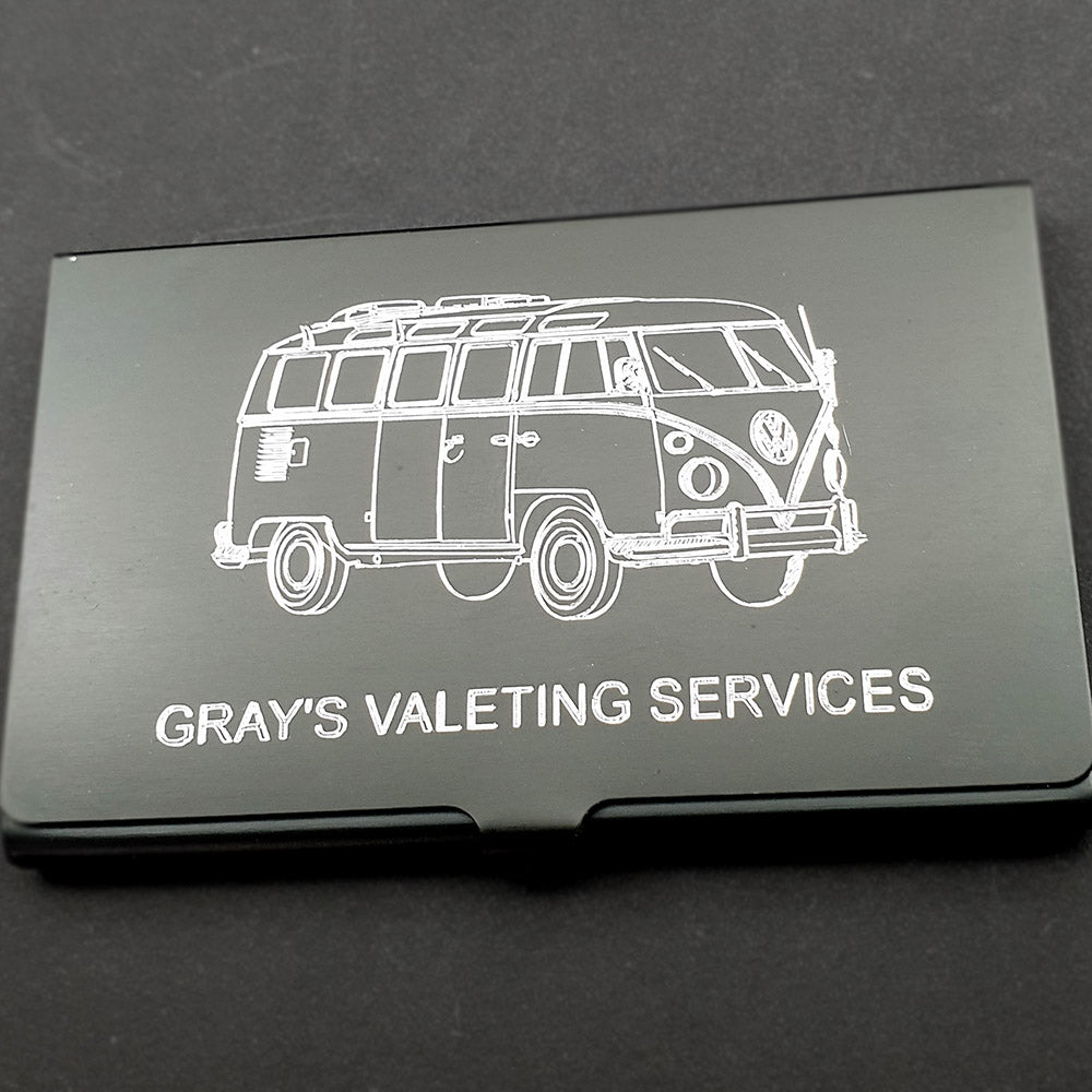 Classic Hippy Campervan artwork engraved on Business Card case with additional engraving below.
