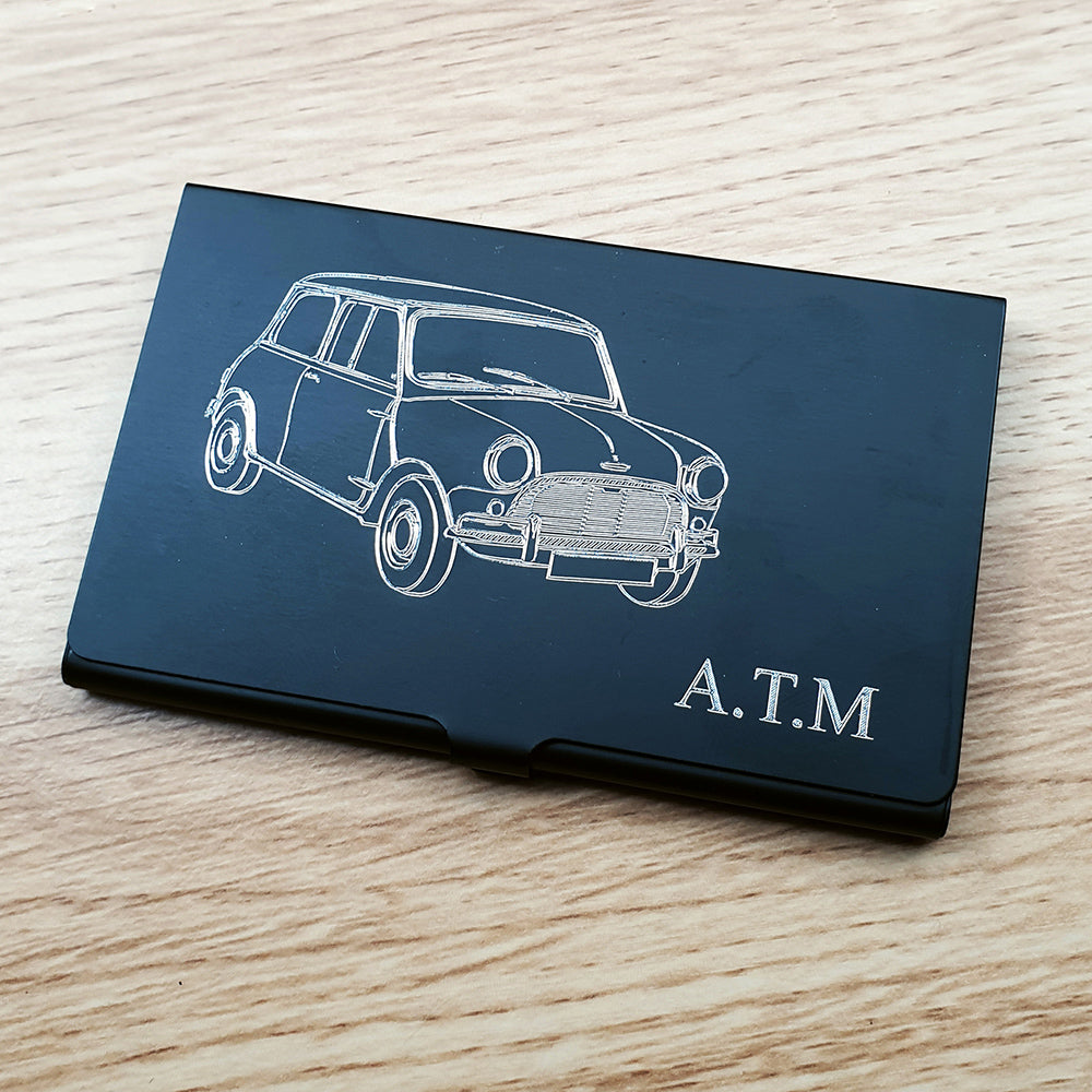 Classic Mini  Car engraved on Black card holder case with A.T.M Engraved in the bottom corner