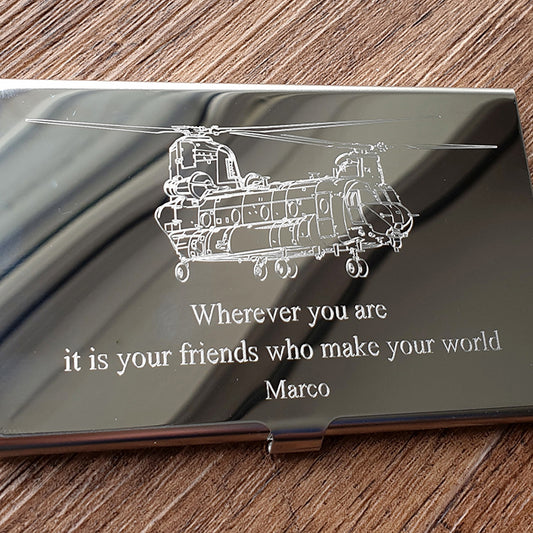 Silver business card case with a chinook artwork and personalised message engraved on the front.
