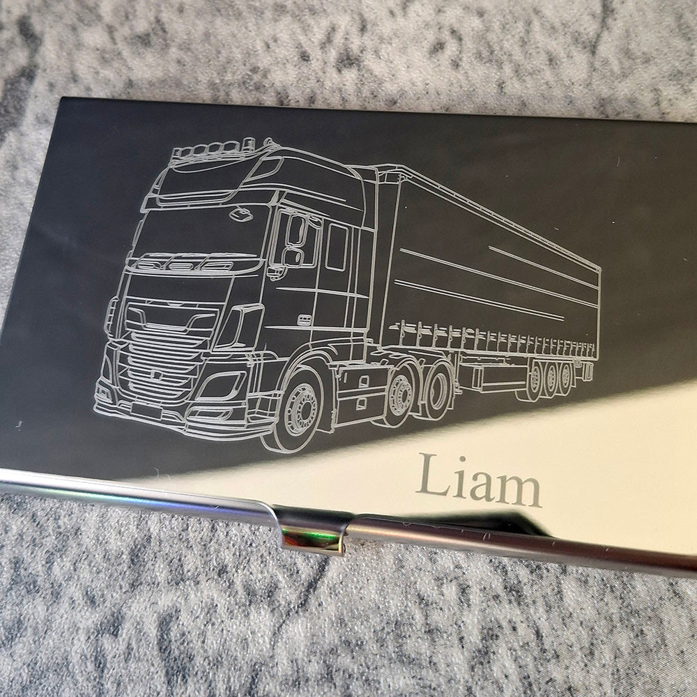 Engraved silver steel card case with our HGV design and the name Liam engarved on the front.