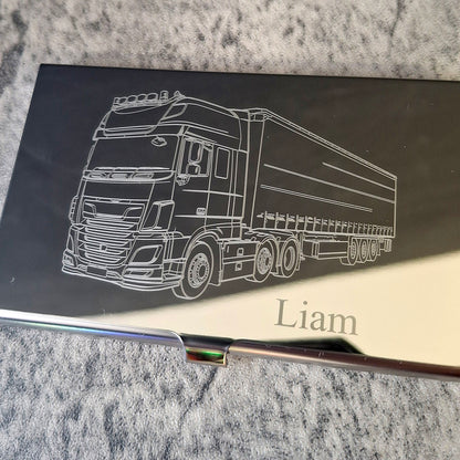 Engraved silver steel card case with our HGV design and the name Liam engarved on the front.