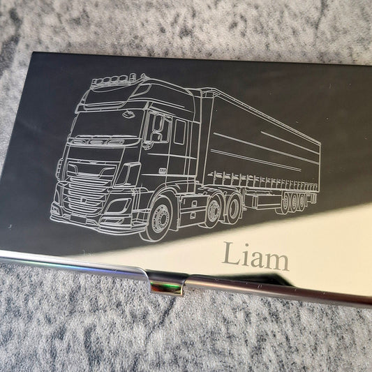 Engraved silver steel card case with our HGV design and the name Liam engarved on the front.