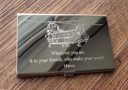 Chinook Helicopter engraved on Silver Card Holder with Engraved Message Below | Giftware Engraved