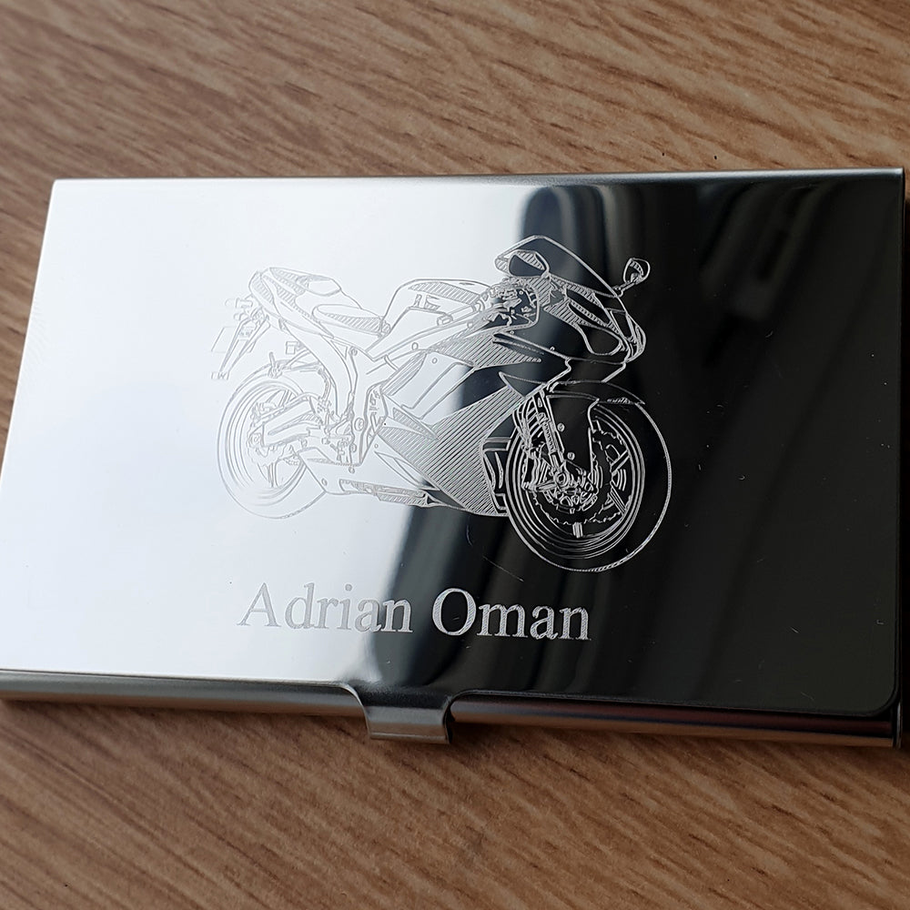 Racing Bike Engraved on Steel Card Holder with Name Underneath | Giftware Egraved