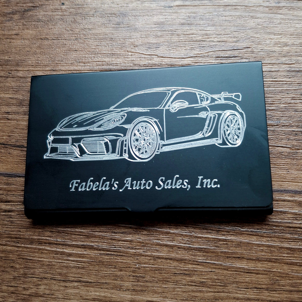 Por GT4 Car Artwork on Black Aluminium Card Holder | Giftware Engraved