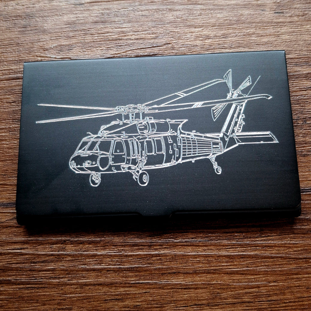 UH60 Blackhawk Helicopter Engraved on Black Aluminium Card Holder | Giftware Engraved