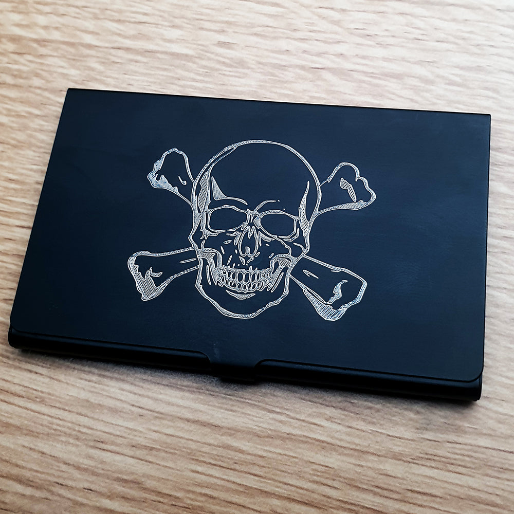 Skull and Crossbones Engraved on Black Card Holder | Giftware Engraved