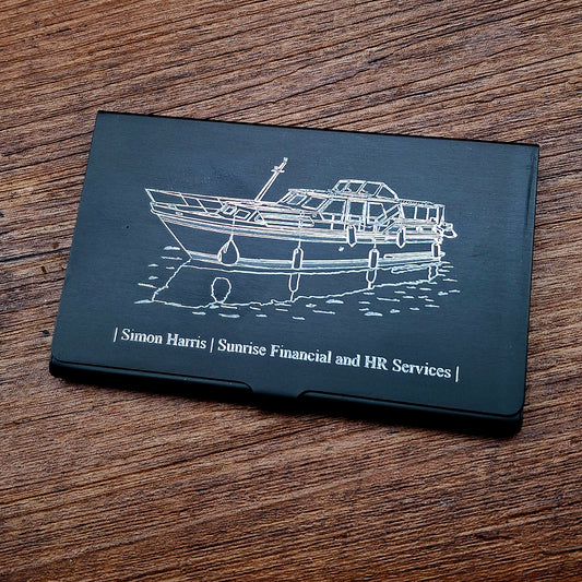 Stevens 1140 Canal Yacht Engraved on Black Aluminium Card Holder | Giftware Engraved