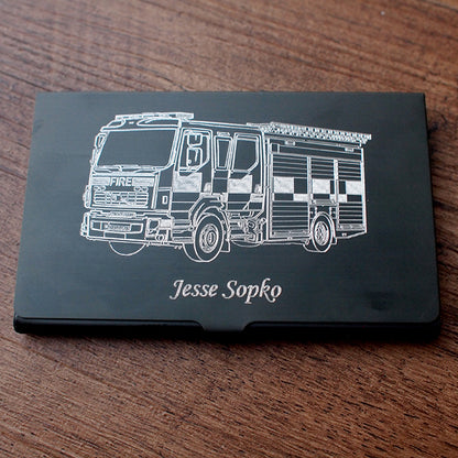 Our Fire Engine Artwork Engraved on Black Aluminium Card Holder personalised with Name  | Giftware Engraved