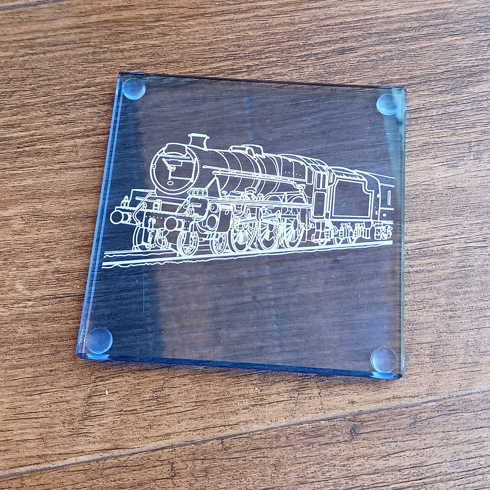 Steam Train locomotive engraved on a sapphire coaster
