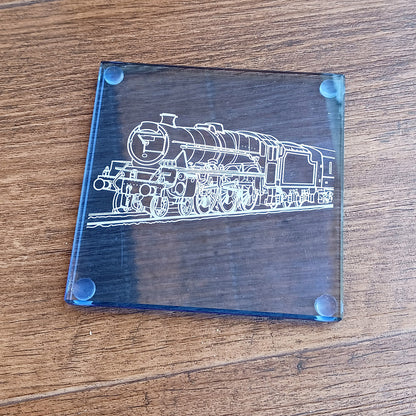 Steam Train locomotive engraved on a sapphire coaster
