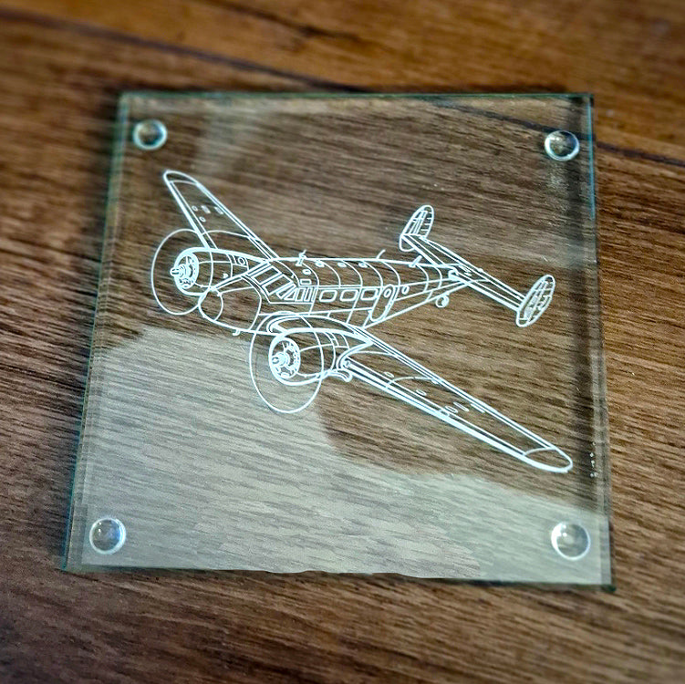 Beechcraft 18 aircraft engraved on a glass square coaster