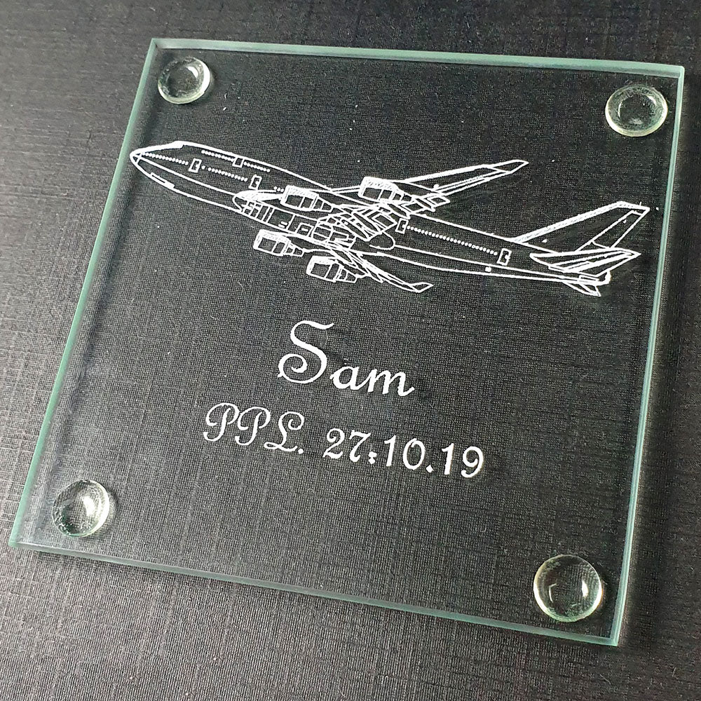 Boeing 747 aircraft on square glass coaster with Sam and a date engraved