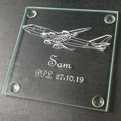 Boeing 747 aircraft on square glass coaster with Sam and a date engraved
