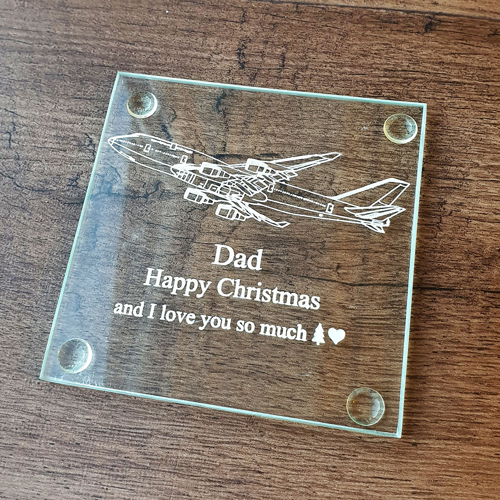 Christmas square coaster for dad with a Boeing 747 aircraft artwork engraved