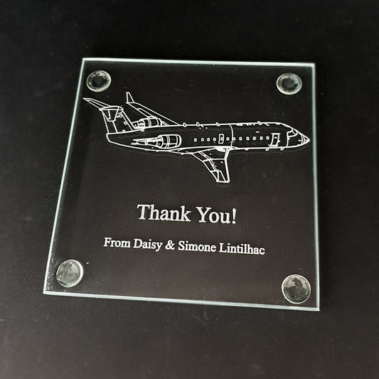 Personalised Glass drinks coaster with Bombardier CRJ 100 aircraft and personalised message