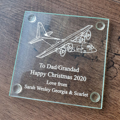 Our C130 Hercules Aircraft artwork engraved on a square glass coaster with Happy Christmas text for Dad - Grandad