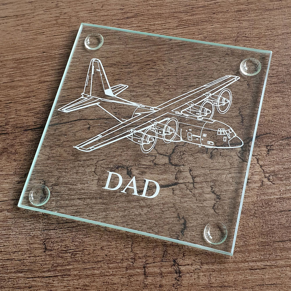 C130 Hercules artwork engraved on a glass coaster for dad.