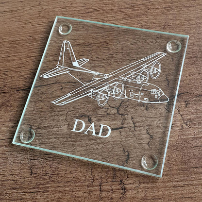C130 Hercules artwork engraved on a glass coaster for dad.