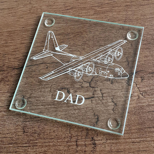 C130 Hercules artwork engraved on a glass coaster for dad.
