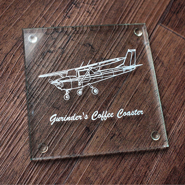 Cessna 152 plane engraved on square glass coaster with additional text