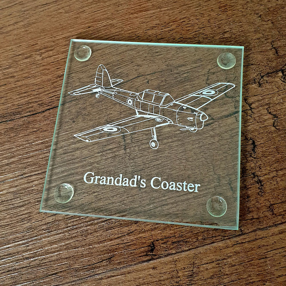 Vintage chipmunk aircraft artwork engraved on  grandad's square glass coaster