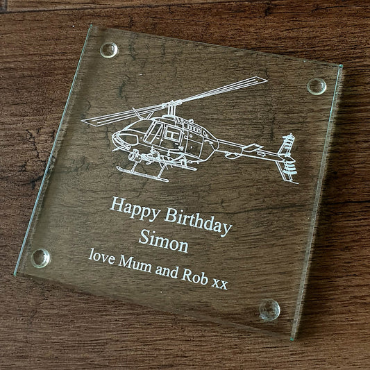 Bell Jet Ranger artwork on a Square Glass coaster with happy birthday personalisation
