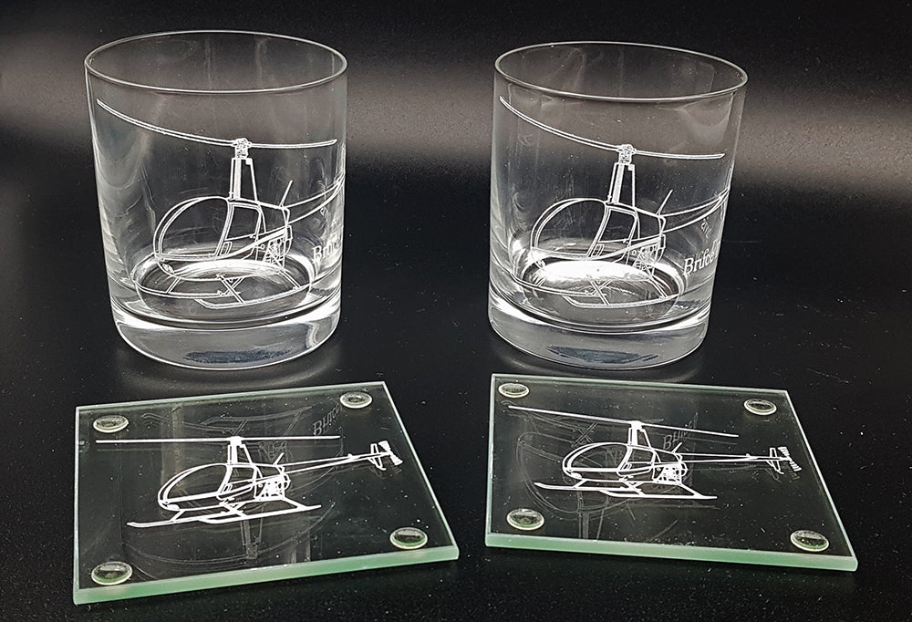 Set of two tumblers and 2 square glass coasters with Robinson R22 artworks.