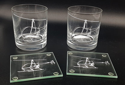Set of two tumblers and 2 square glass coasters with Robinson R22 artworks.