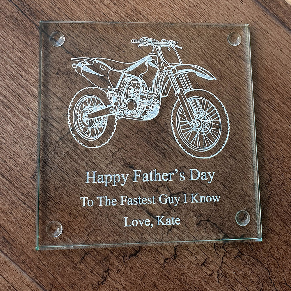 Glass plaque with a dirt bike engraving and Father's Day message