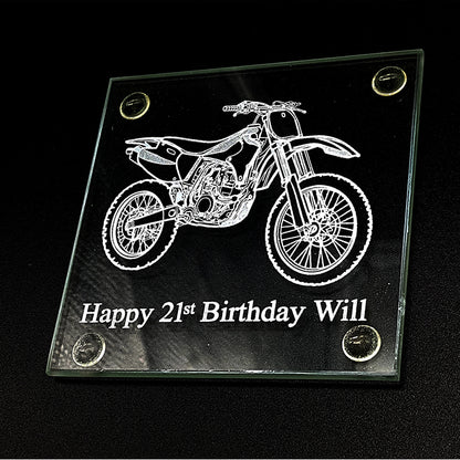Square glass  Birthday drinks coaster with motocross dirt bike engraved