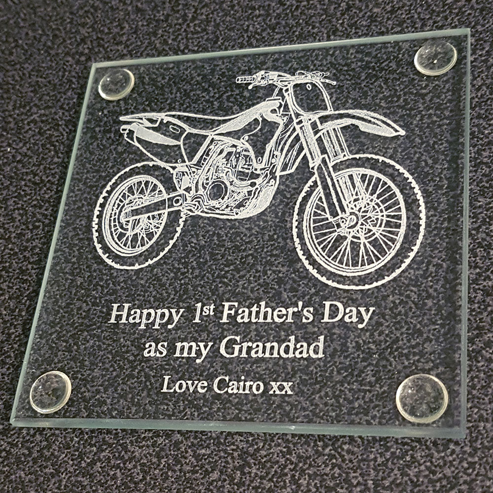 Glass drinks coaster with motocross dirt bike with a fathers day message