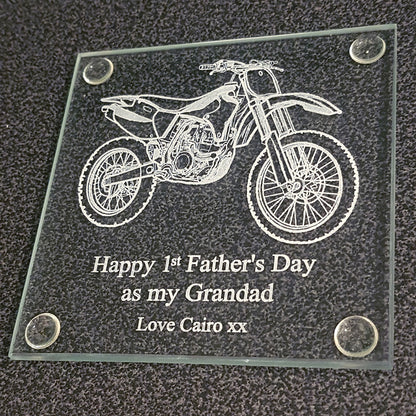 Glass drinks coaster with motocross dirt bike with a fathers day message