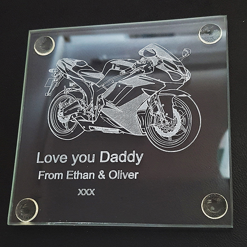 Racing bike artwork engraved with personalised message for dad.