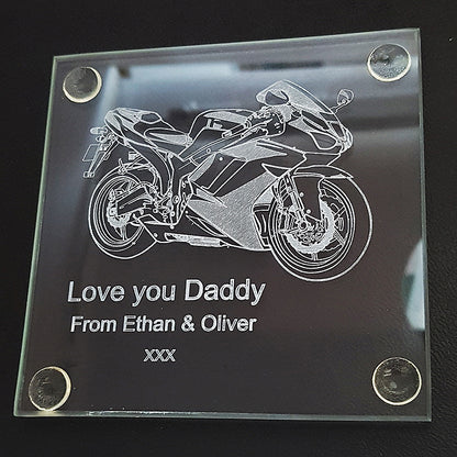 Racing bike artwork engraved with personalised message for dad.