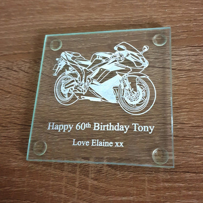 Glass drink coaster with racing bike and birthday message
