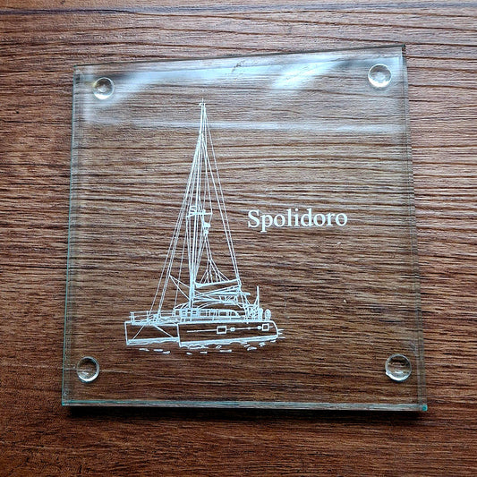 Square glass coaster engraving with catamaran and 'Spolidoro' text