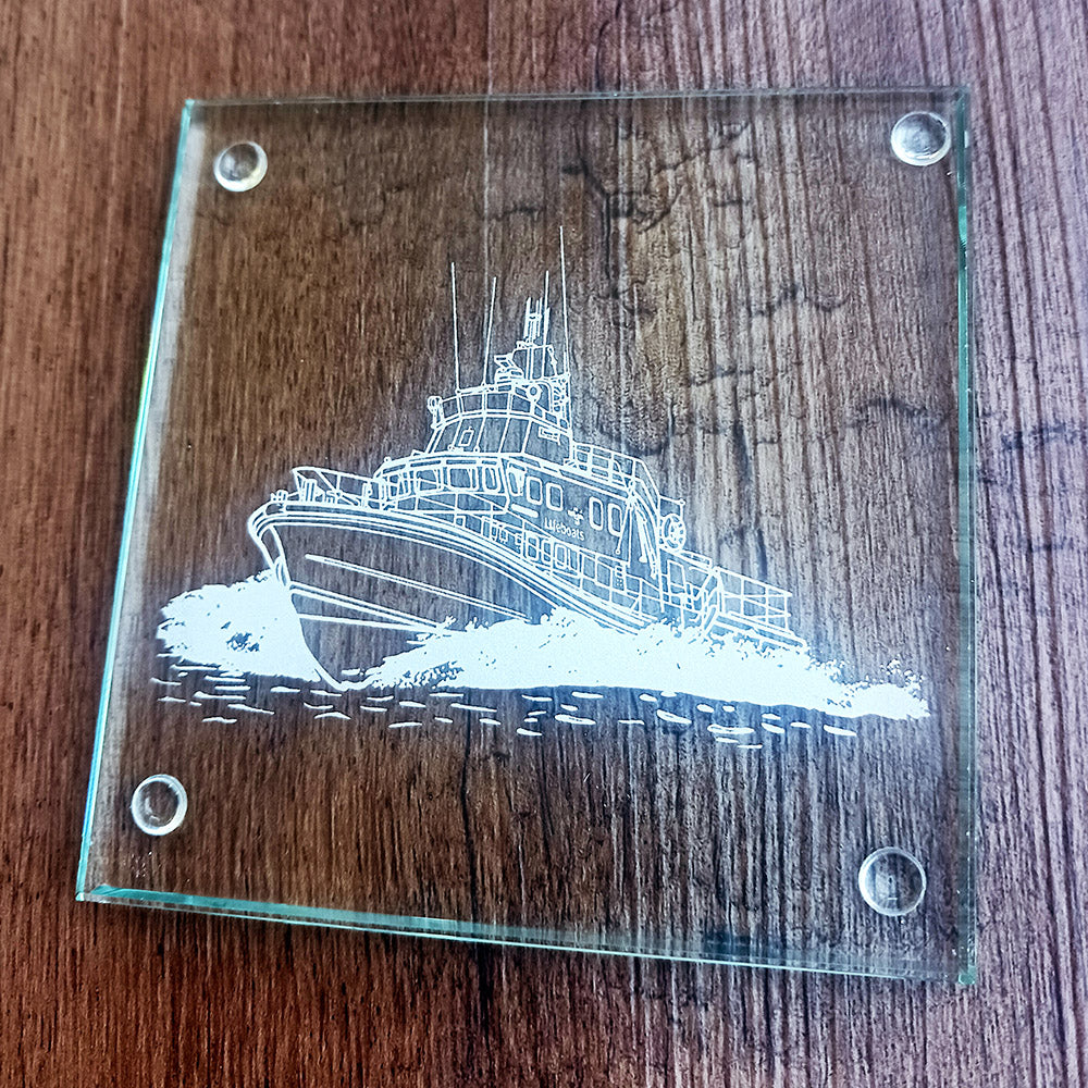 Our Lifeboat artwork engraved on a square Glass coasters