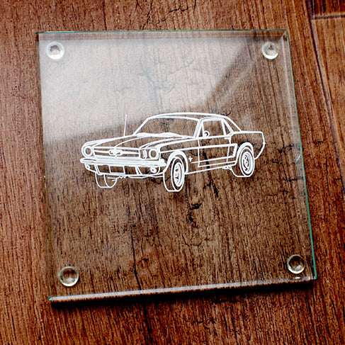 Classic mustang coupe car engraved on glass square coaster.