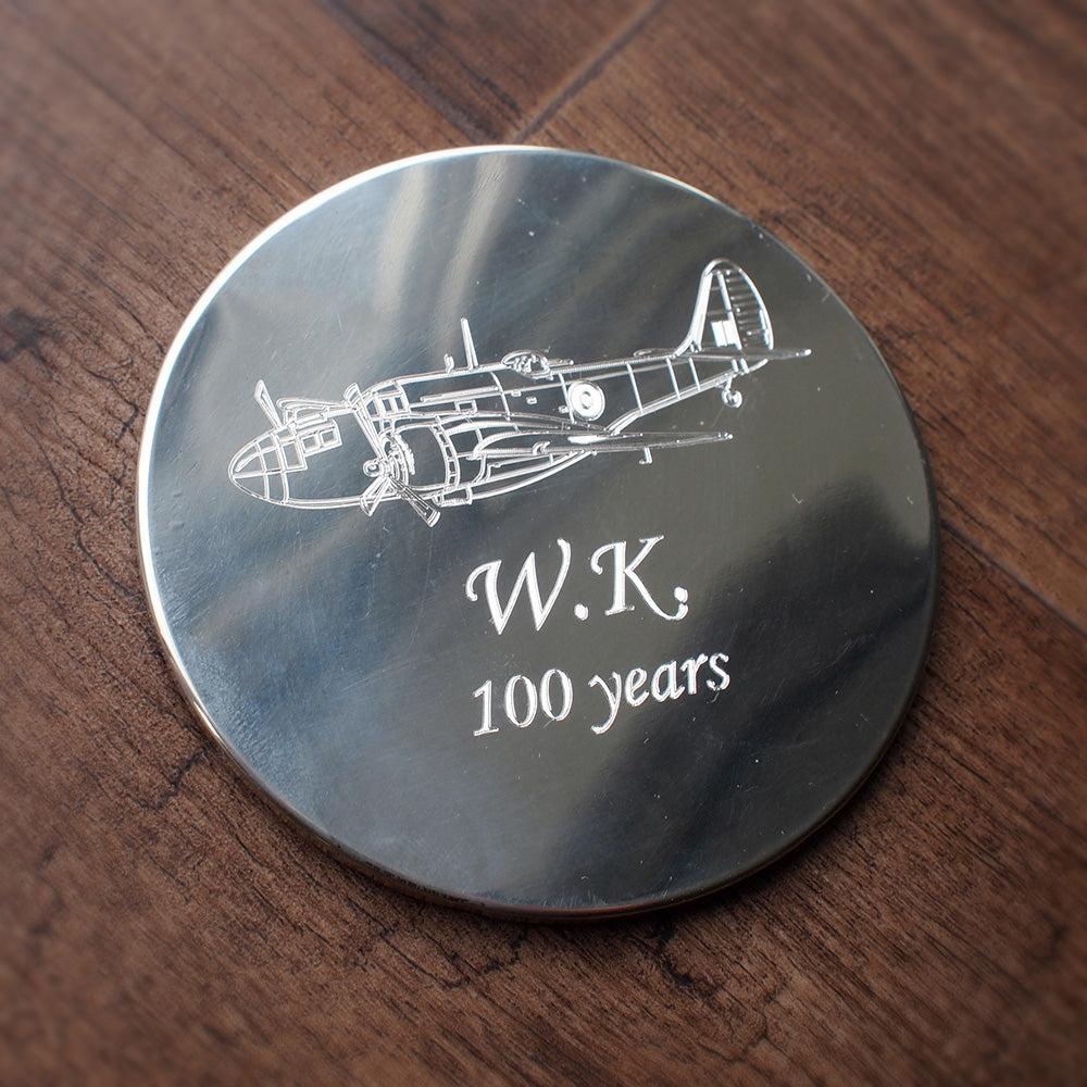 world war 2 martin Baltimore aircraft engraved on a pewter drinks coaster with initials and 100 years engraved.